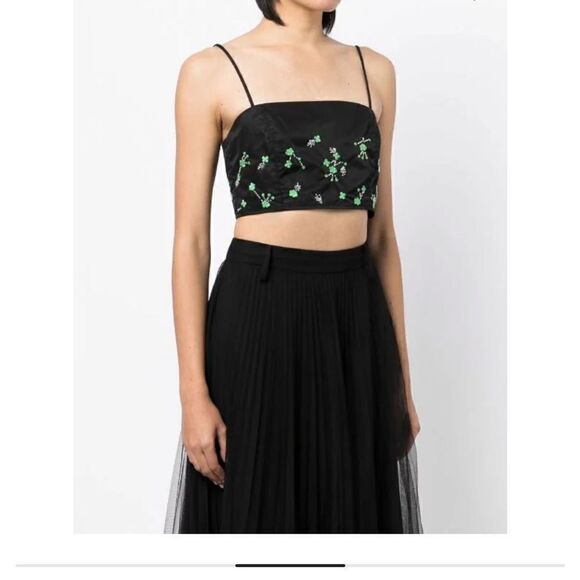 Ganni Black Floral Embroidered Crystal Embellished Square Neck Crop Top S $395 - Picture 6 of 10